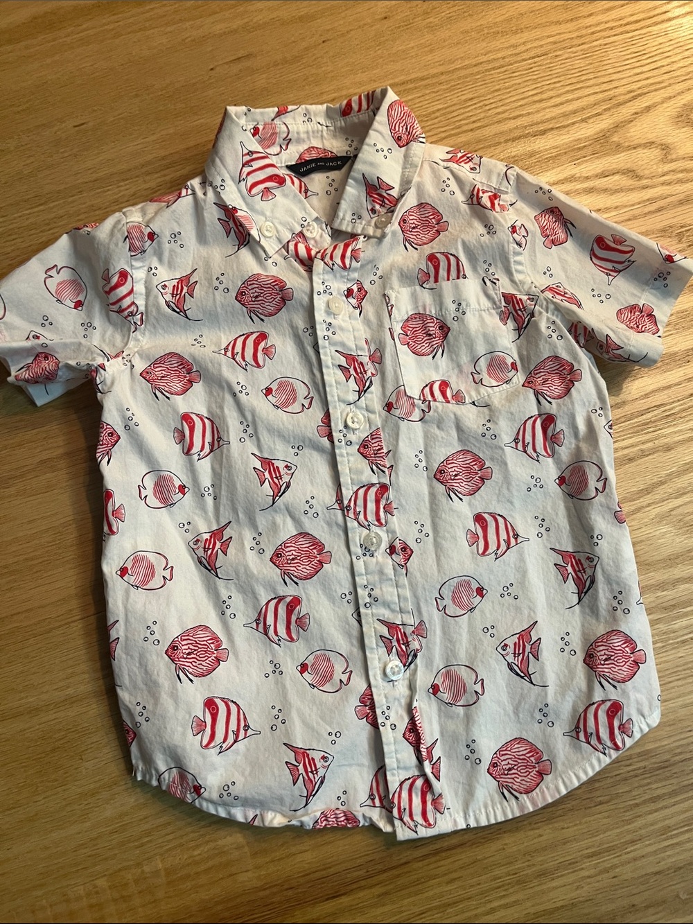 Janie and Jack White Short-Sleeve Button-Up with Red Fish Print